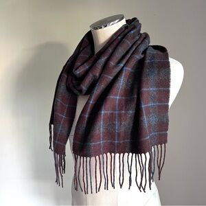 Enya Mantanani 100% Cashmere Windowpane Plaid Scarf Brown Gray Blue Fringe Soft